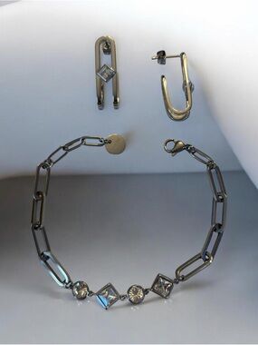 Paperclip bracelet & earring set SS & clear crystals Brosway Pandora new gift